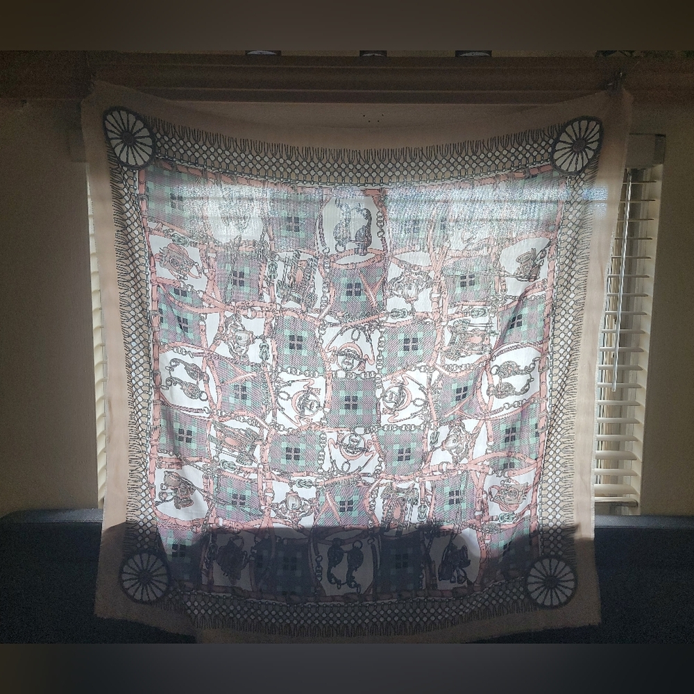 Vintage CHALLIS by Berkshire Beige and Pink Wheel Pattern Large Scarf